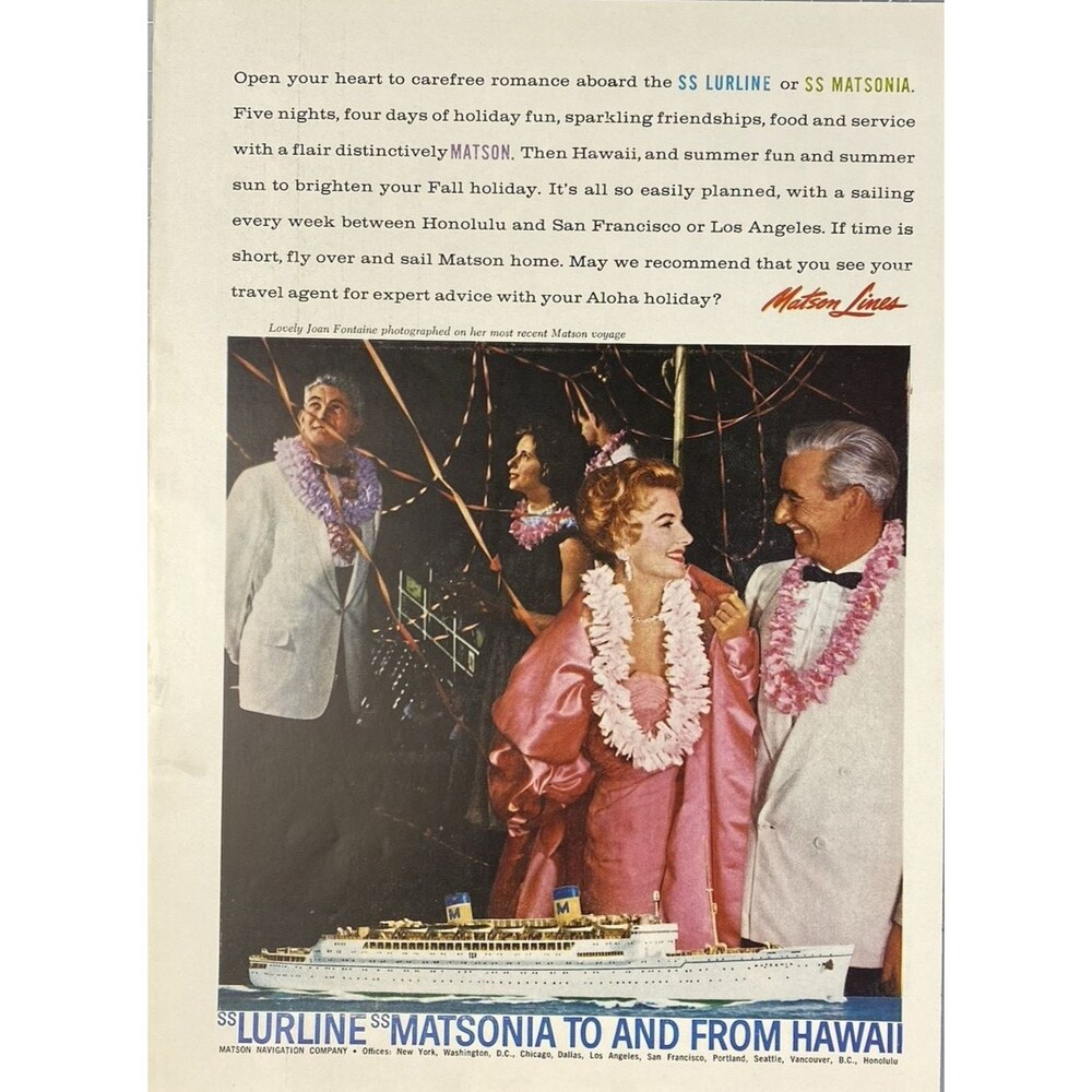 Matson Lines "SS LURINE or SS MATSONIA to and from Hawaii" Vintage Print Ad 1960
